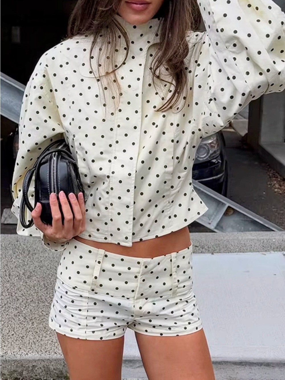 Polka Dot white Two-Piece Set - Crop Top Jacket & Shorts Sz L NWOT